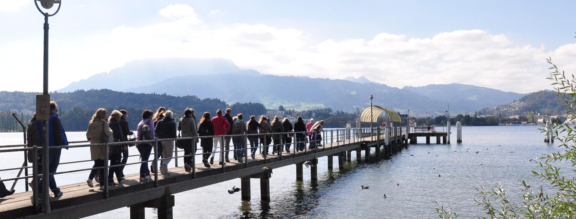 Mitarbeitende gehen ueber einen Steg am Vierwaldstaettersee